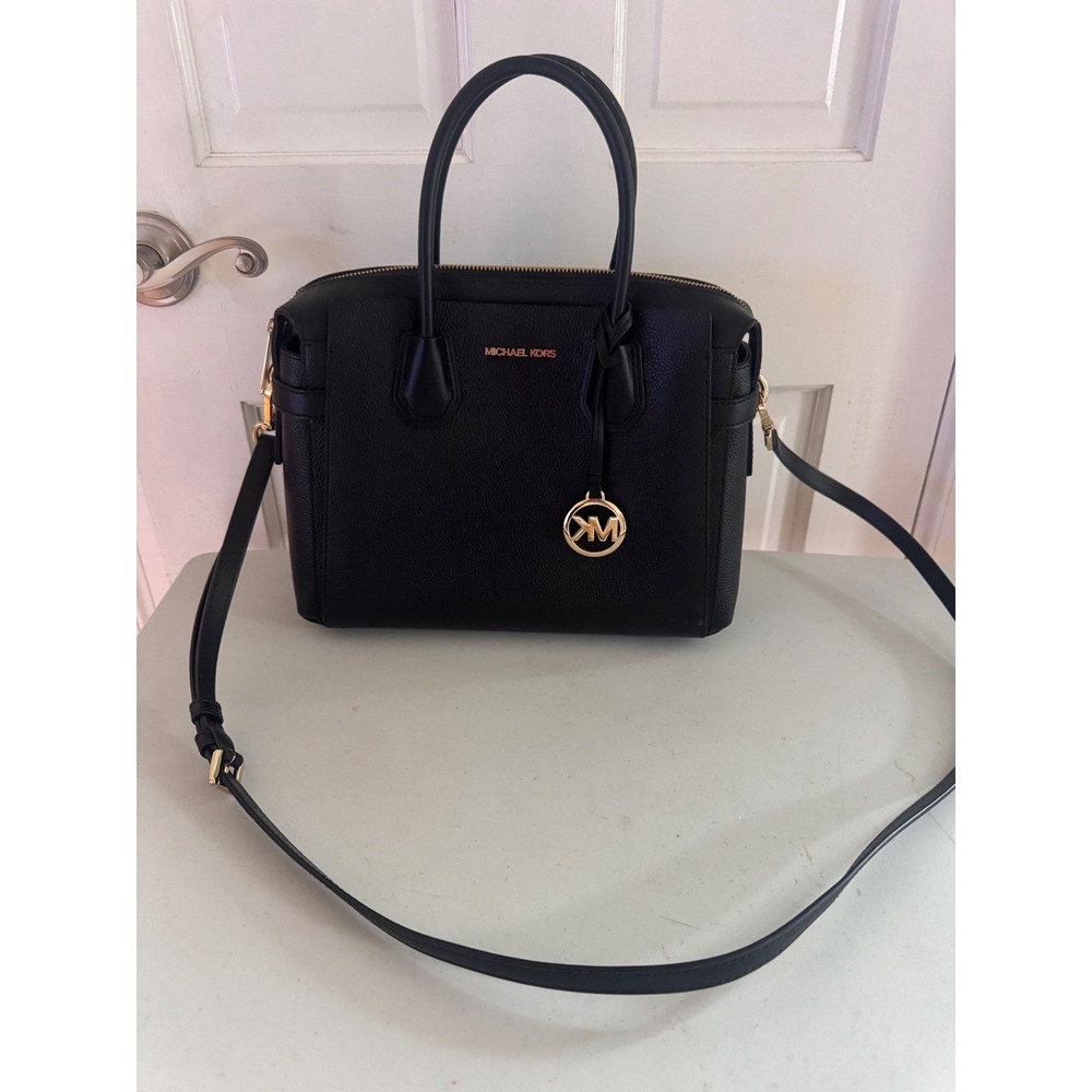 Michael Kors Mercer Medium Satchel Black Pebbled Leather Gold Hardware